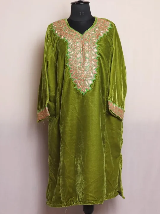 Olive Green Velvet Pheran With Detailed Tilla Embroidery - Shaheen Collection