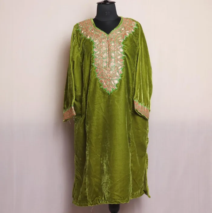 Olive Green Velvet Pheran With Detailed Tilla Embroidery - Shaheen Collection