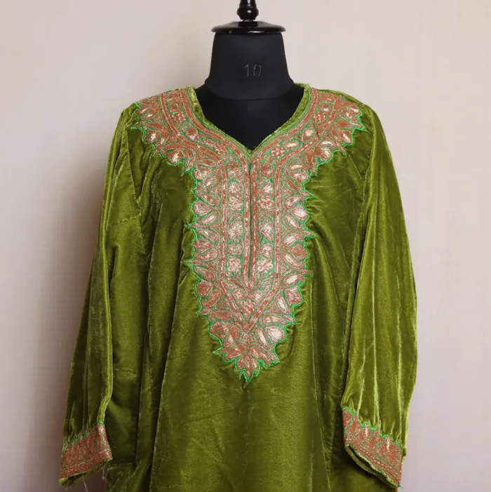 Olive Green Velvet Pheran With Detailed Tilla Embroidery - Shaheen Collection - Image 2