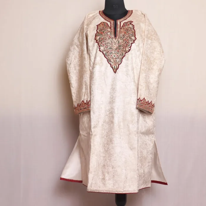 White Velvet Pheran With Beautiful Tilla Embroidery - Shaheen Collection