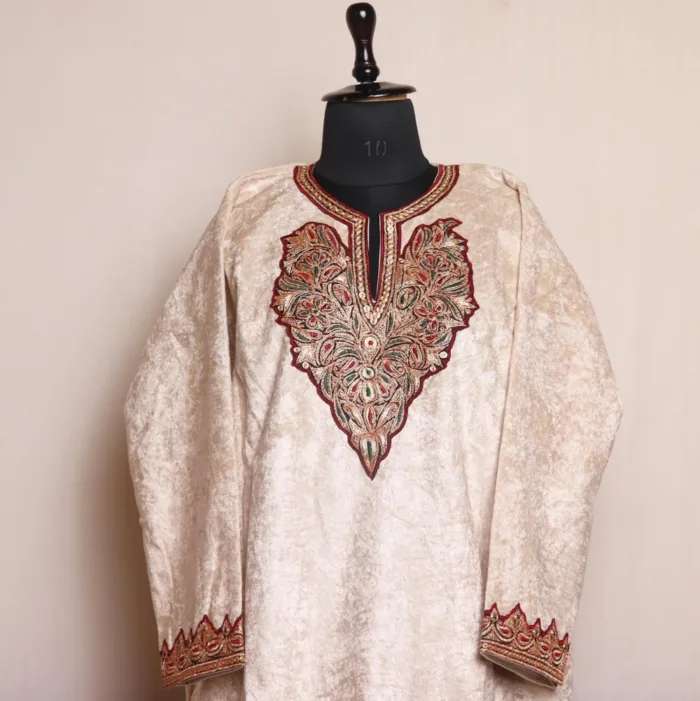White Velvet Pheran With Beautiful Tilla Embroidery - Shaheen Collection - Image 2