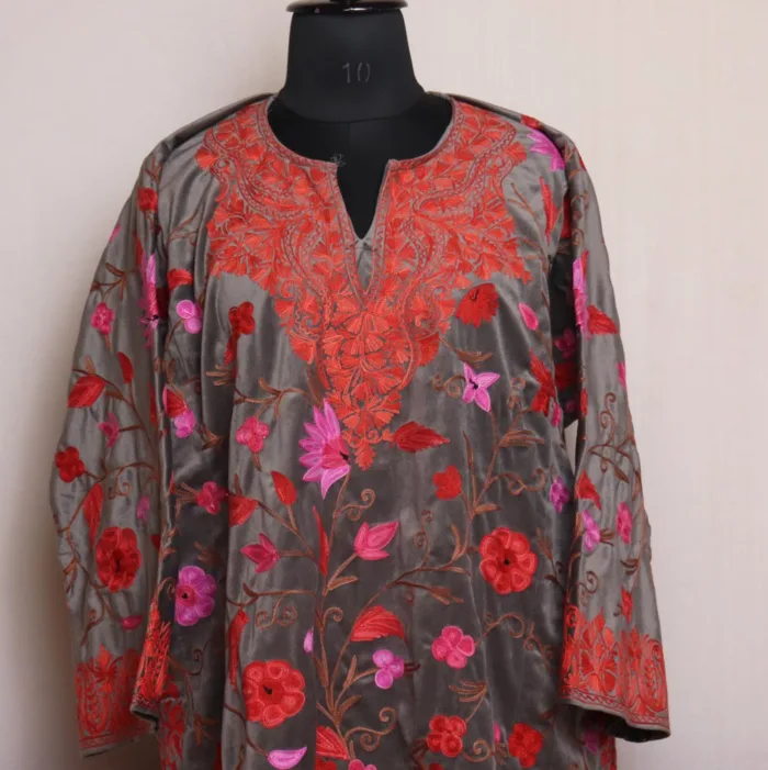 Beautiful Grey Velvet Pheran With Red Jaal Aari Embroidery - Shaheen Collection - Image 2