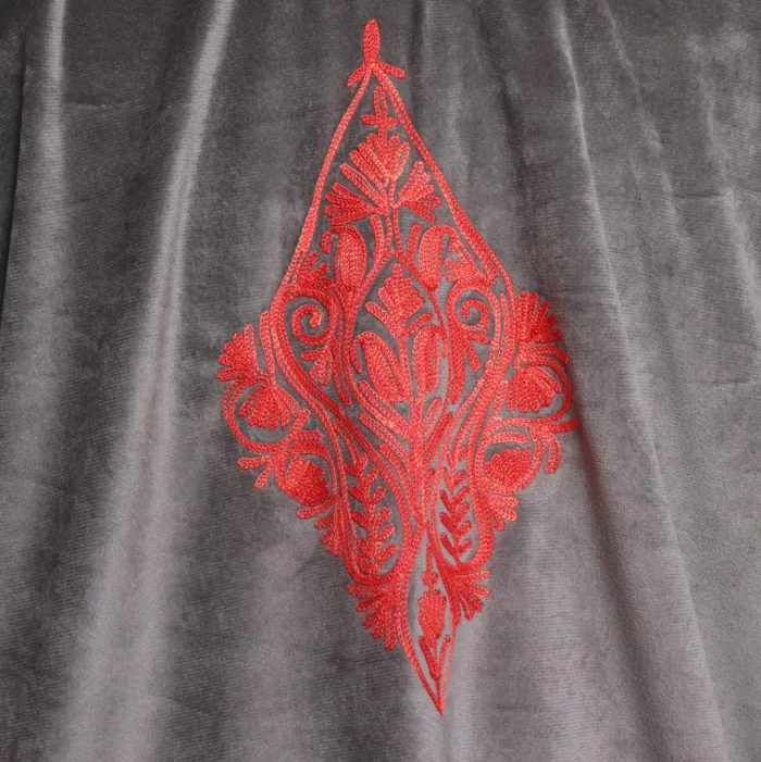 Beautiful Grey Velvet Pheran With Red Jaal Aari Embroidery - Shaheen Collection - Image 4