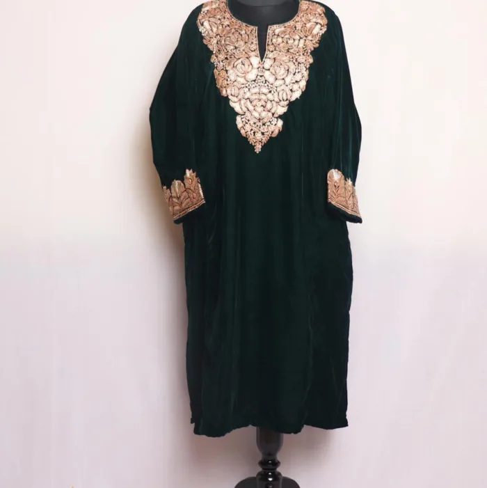 Dark Green Velvet Pheran With Graceful Tilla Embroidery - Shaheen Collection