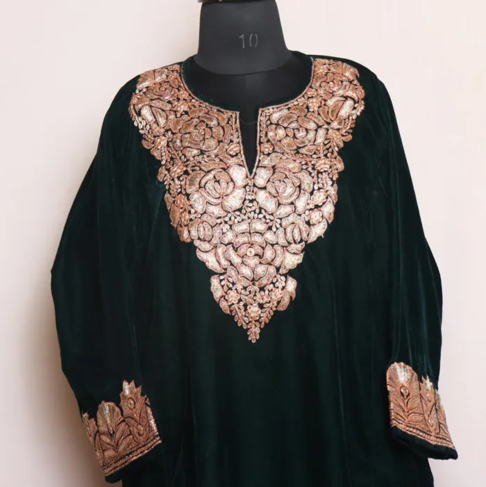 Dark Green Velvet Pheran With Graceful Tilla Embroidery - Shaheen Collection - Image 2