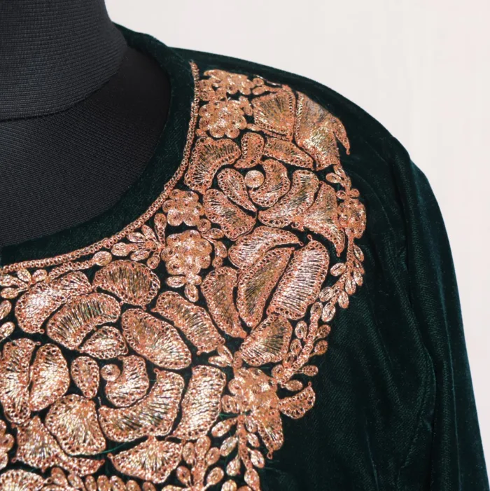 Dark Green Velvet Pheran With Graceful Tilla Embroidery - Shaheen Collection - Image 3