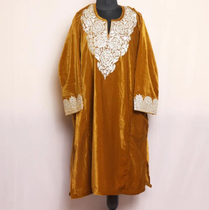 Mustard Velvet Pheran With Intricate Tilla Embroidery - Shaheen Collection