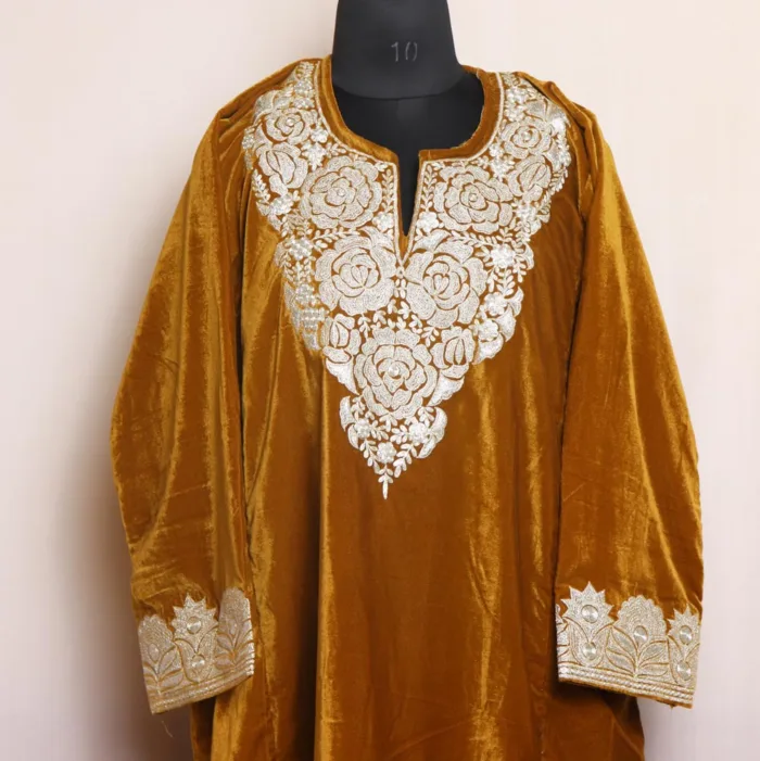 Mustard Velvet Pheran With Intricate Tilla Embroidery - Shaheen Collection - Image 2