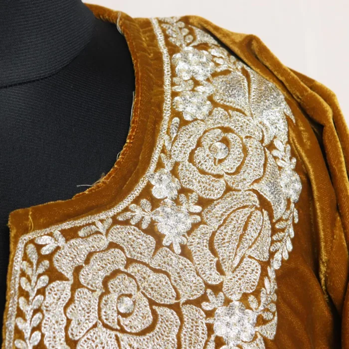 Mustard Velvet Pheran With Intricate Tilla Embroidery - Shaheen Collection - Image 3