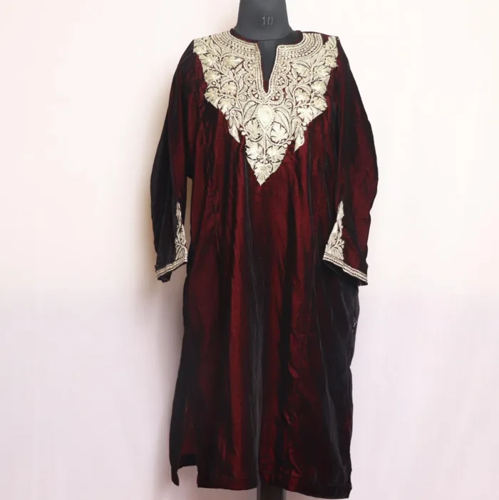 Wine Velvet Pheran With Stunning Tilla Embroidery - Shaheen Collection