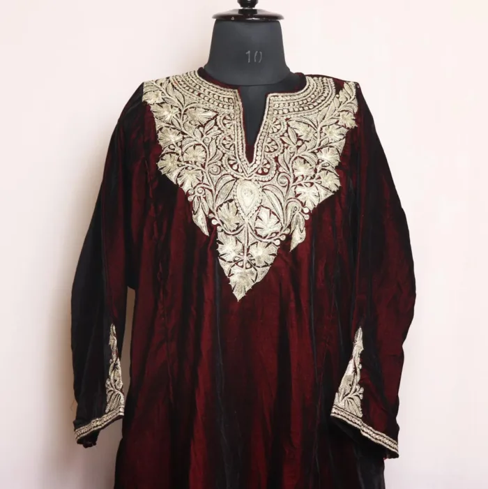 Wine Velvet Pheran With Stunning Tilla Embroidery - Shaheen Collection - Image 2