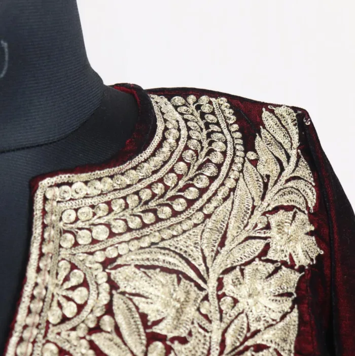 Wine Velvet Pheran With Stunning Tilla Embroidery - Shaheen Collection - Image 3