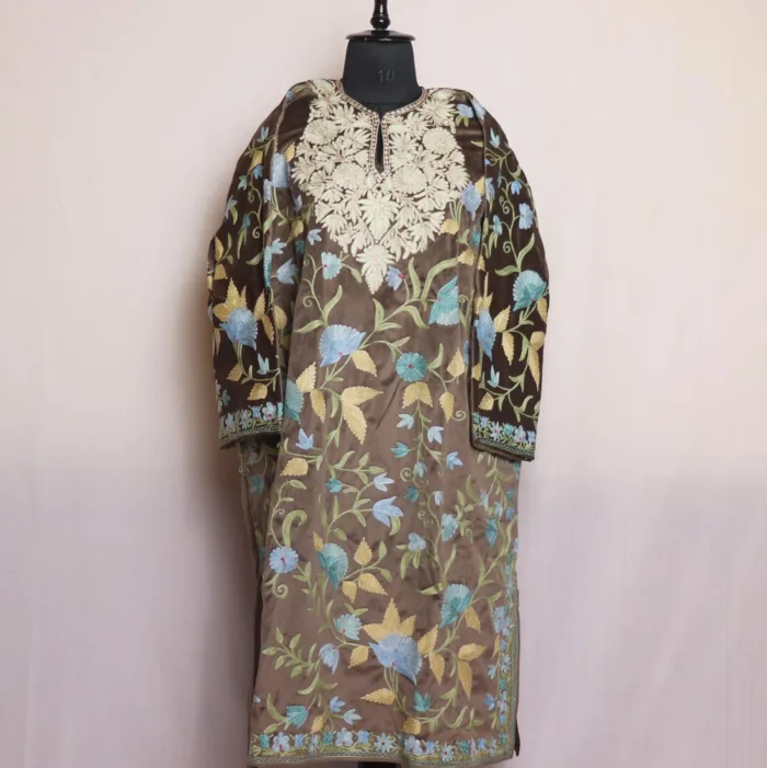Brown Velvet Pheran With Elegant Jaal Aari Embroidery - Shaheen Collection