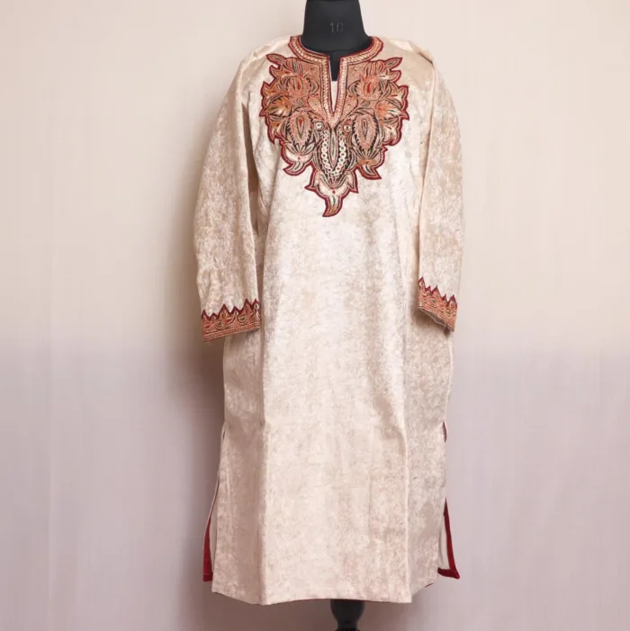 White Velvet Pheran With Elegant Tilla Embroidery - Shaheen Collection