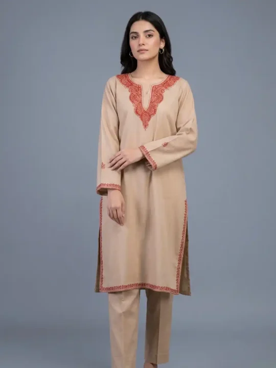 Bush Brown Cotton Kurta Set with Hand Sozni Embroidery - Barbara Collection