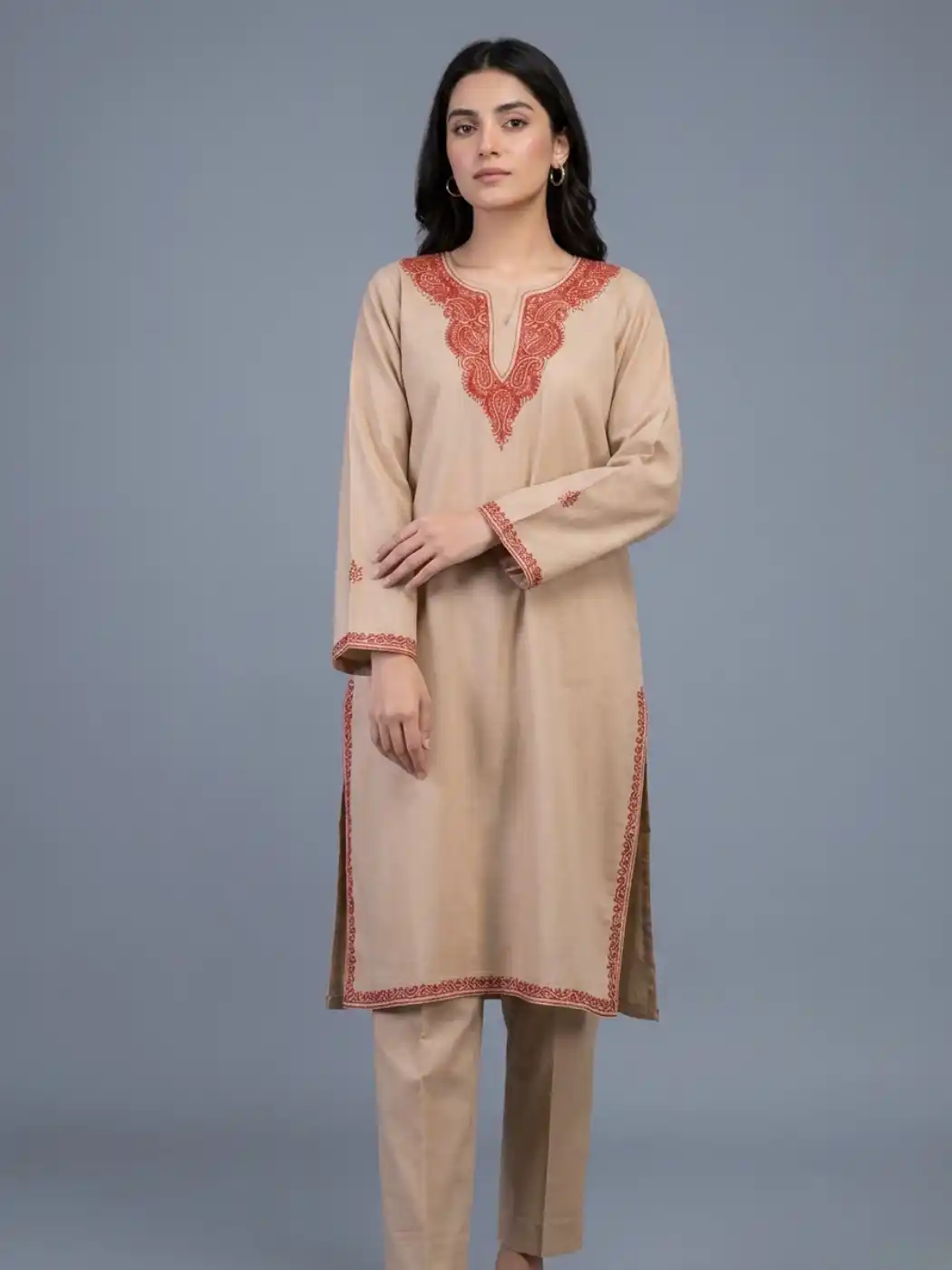 Bush Brown Cotton Kurta Set with Hand Sozni Embroidery - Barbara Collection