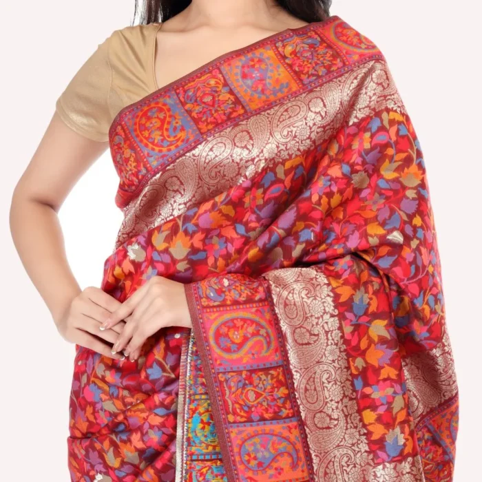 Pearl Maroon Floral Kashmiri Silk Saree - Image 3