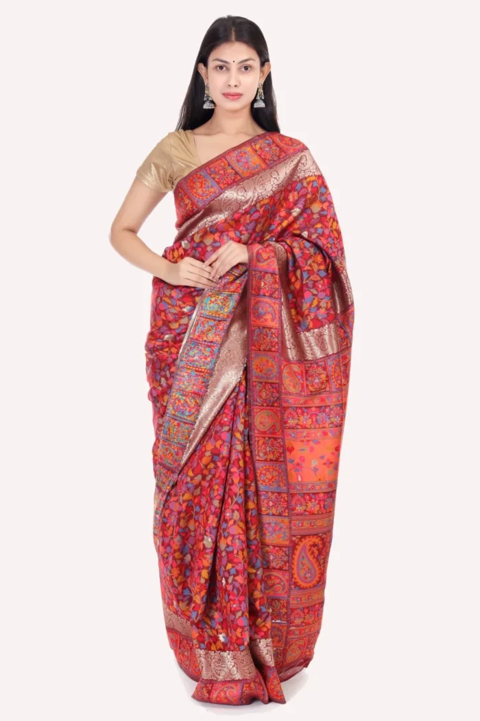 Pearl Maroon Floral Kashmiri Silk Saree - Image 2