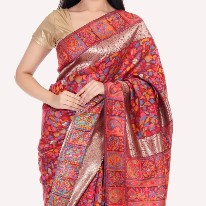 Pearl Maroon Floral Kashmiri Silk Saree