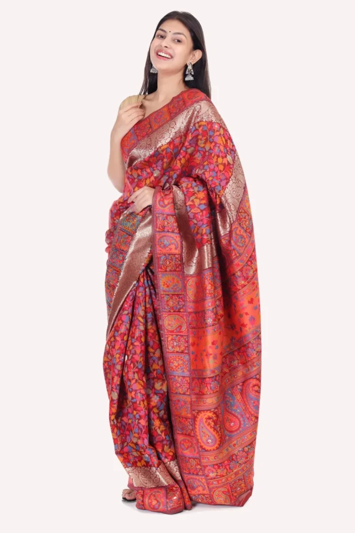 Pearl Maroon Floral Kashmiri Silk Saree - Image 7