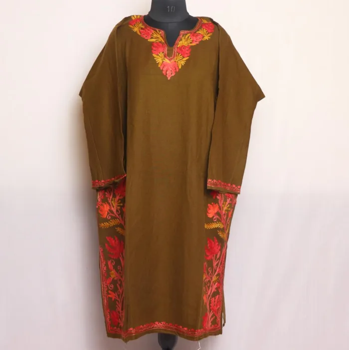 Chocolate Brown Cashmilon Pheran With Aari Embroidery - Parvaaz Collection