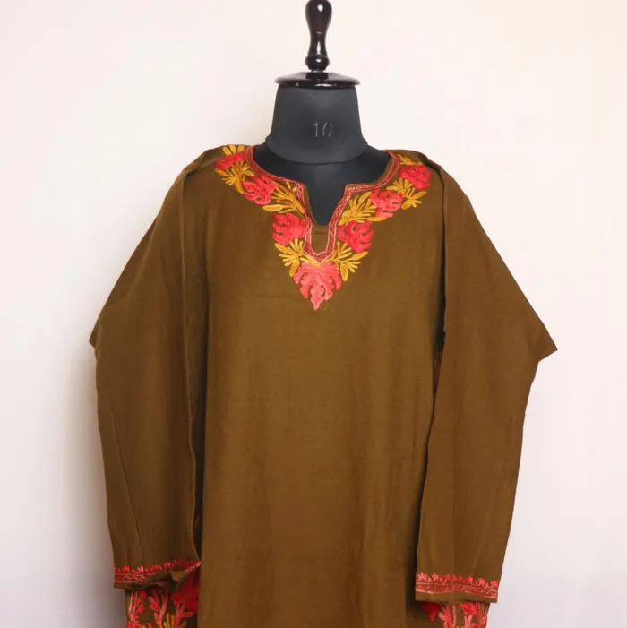 Chocolate Brown Cashmilon Pheran With Aari Embroidery - Parvaaz Collection - Image 2