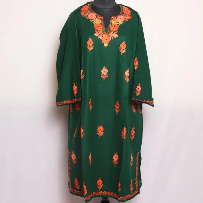 Stylish Dark Green Cashmilon Pheran With Aari Embroidery - Parvaaz Collection