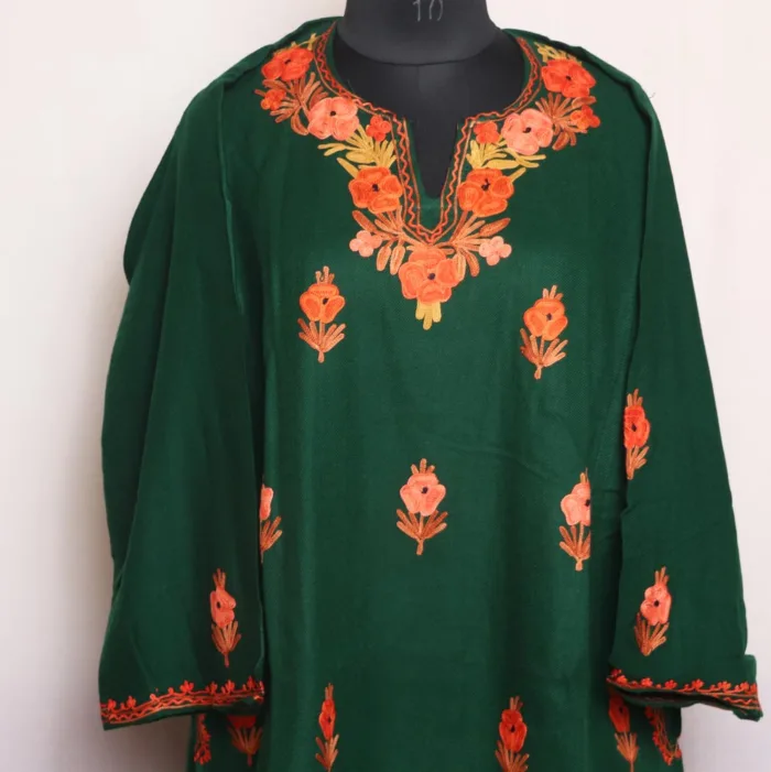 Stylish Dark Green Cashmilon Pheran With Aari Embroidery - Parvaaz Collection - Image 2