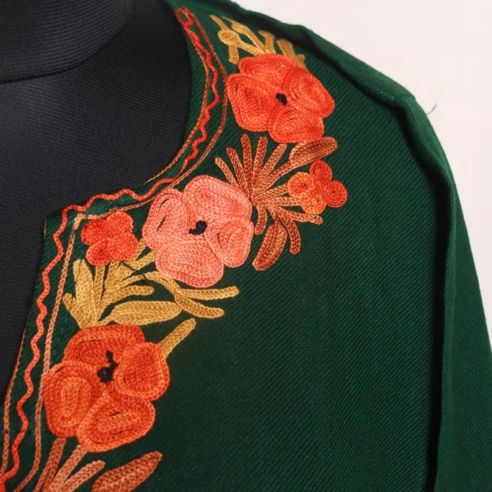 Stylish Dark Green Cashmilon Pheran With Aari Embroidery - Parvaaz Collection - Image 3
