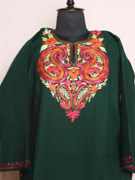 Dark Green Cashmilon Pheran With Elegant Aari Embroidery - Wahraat Collection