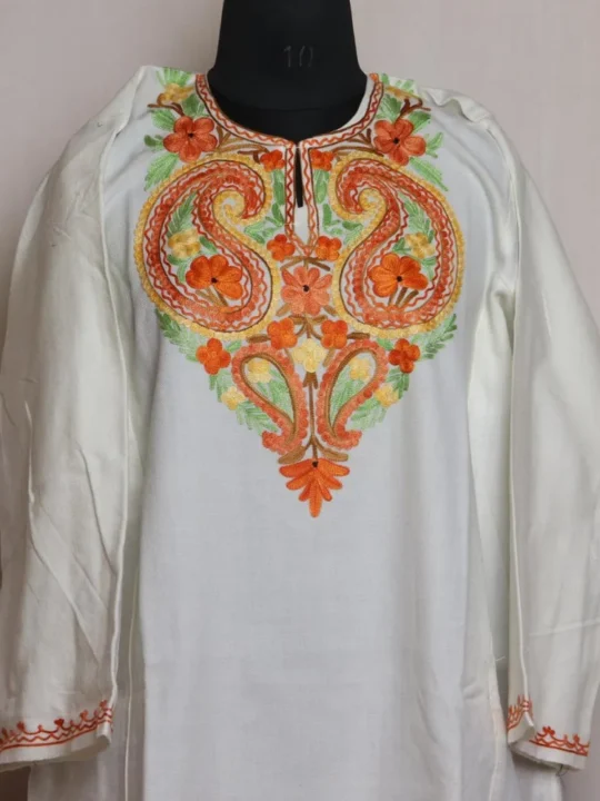 White Refined Cashmilon Pheran With Aari Embroidery - Wahraat Collection