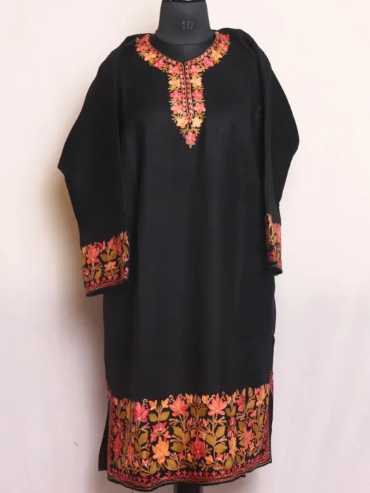 Black Raffal Pheran With Heavy Sleeve & Border Embroidery (49,41.5)- Firdous Collection