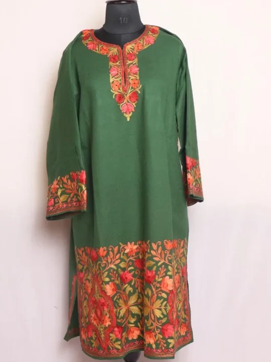 Green Raffal Pheran With Heavy Sleeve & Border Embroidery - Firdous Collection