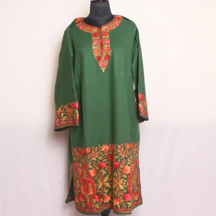 Green Raffal Pheran With Heavy Sleeve & Border Embroidery - Firdous Collection