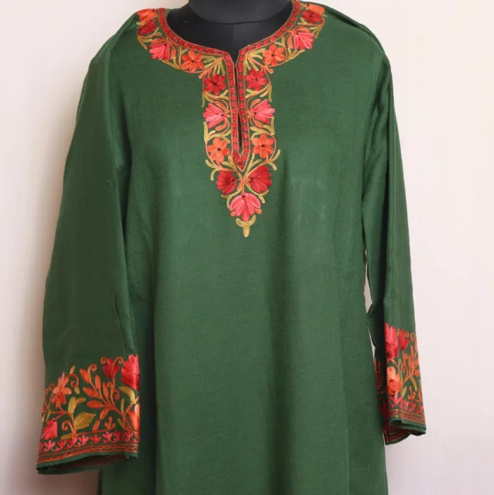 Green Raffal Pheran With Heavy Sleeve & Border Embroidery - Firdous Collection - Image 2