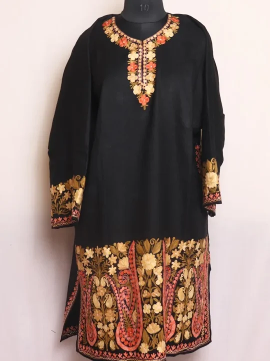 Black Raffal Wool Pheran With Heavy Sleeve & Border Embroidery - Firdous Collection