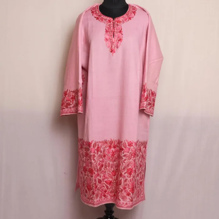 Pink Raffal Pheran With Heavy Sleeve & Border Embroidery (48,45)- Firdous Collection