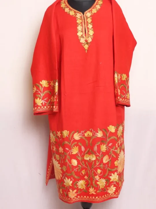 Red Raffal Pheran With Heavy Sleeve & Border Embroidery - Firdous Collection