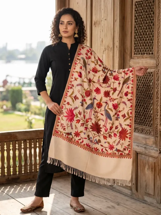 Light Peach Hand Aari Embroidered Wool Stole – Kashmiri Craftsmanship