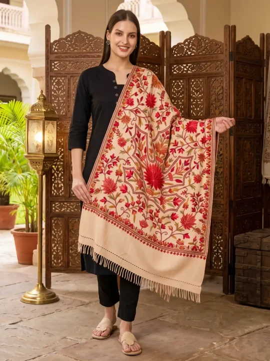 Light Peach Hand Aari Embroidered Pure Wool Stole – Kashmiri Craftsmanship