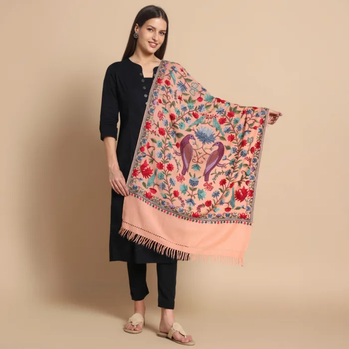 Peach Hand Aari Embroidered Pure Wool Stole – Kashmiri Craftsmanship