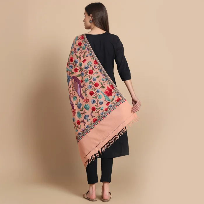 Peach Hand Aari Embroidered Pure Wool Stole – Kashmiri Craftsmanship - Image 5