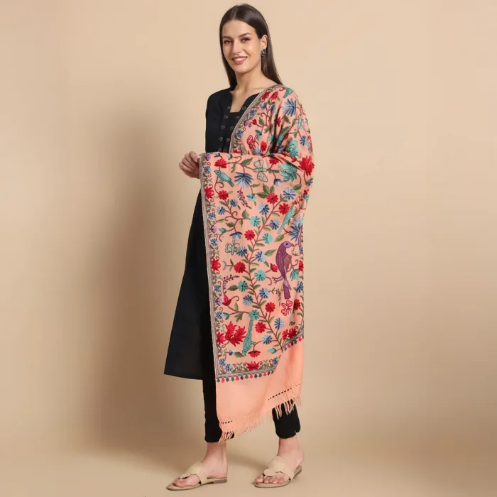 Peach Hand Aari Embroidered Pure Wool Stole – Kashmiri Craftsmanship - Image 4