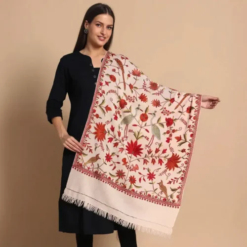 Light Peach Pink Hand Aari Embroidered Wool Stole – Kashmiri Craftsmanship