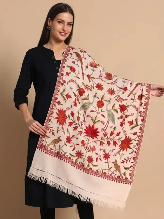 Light Peach Pink Hand Aari Embroidered Wool Stole – Kashmiri Craftsmanship