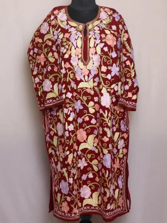 Nusrat Maroon Kashmilon Pheran with All - Over Aari Embroidery
