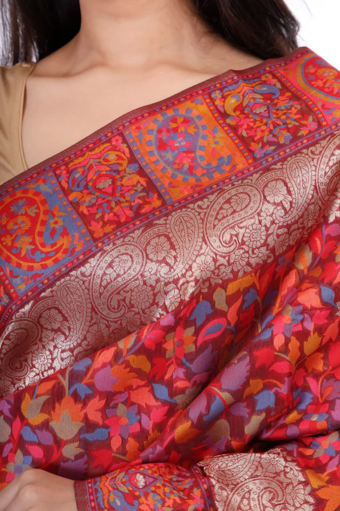 Pearl Maroon Floral Kashmiri Silk Saree - Image 4