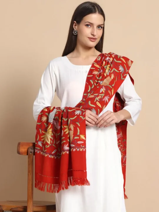 Maroon Hand Aari Embroidered Wool Stole – Kashmiri Craftsmanship