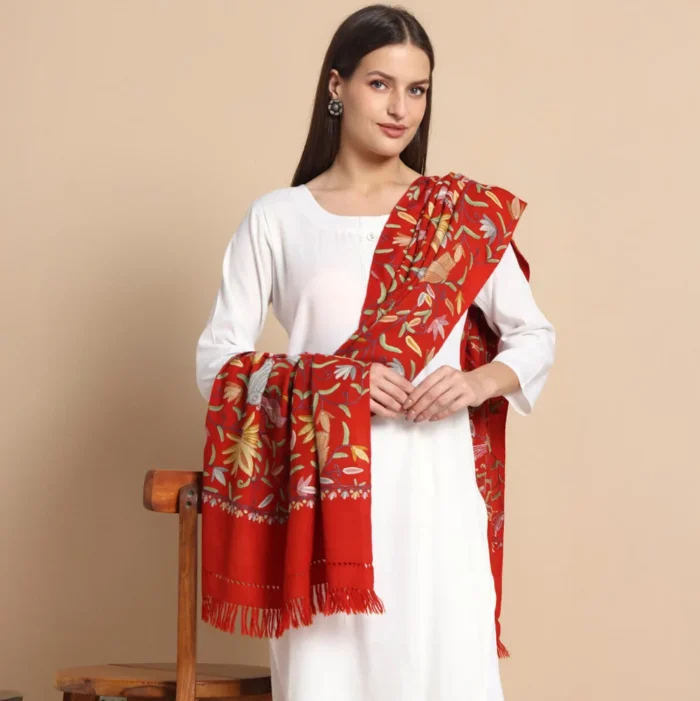 Maroon Hand Aari Embroidered Wool Stole – Kashmiri Craftsmanship