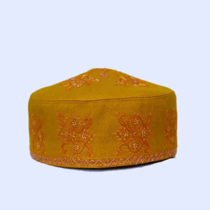 Mustard Pure Pashmina Hand Sozni Cap